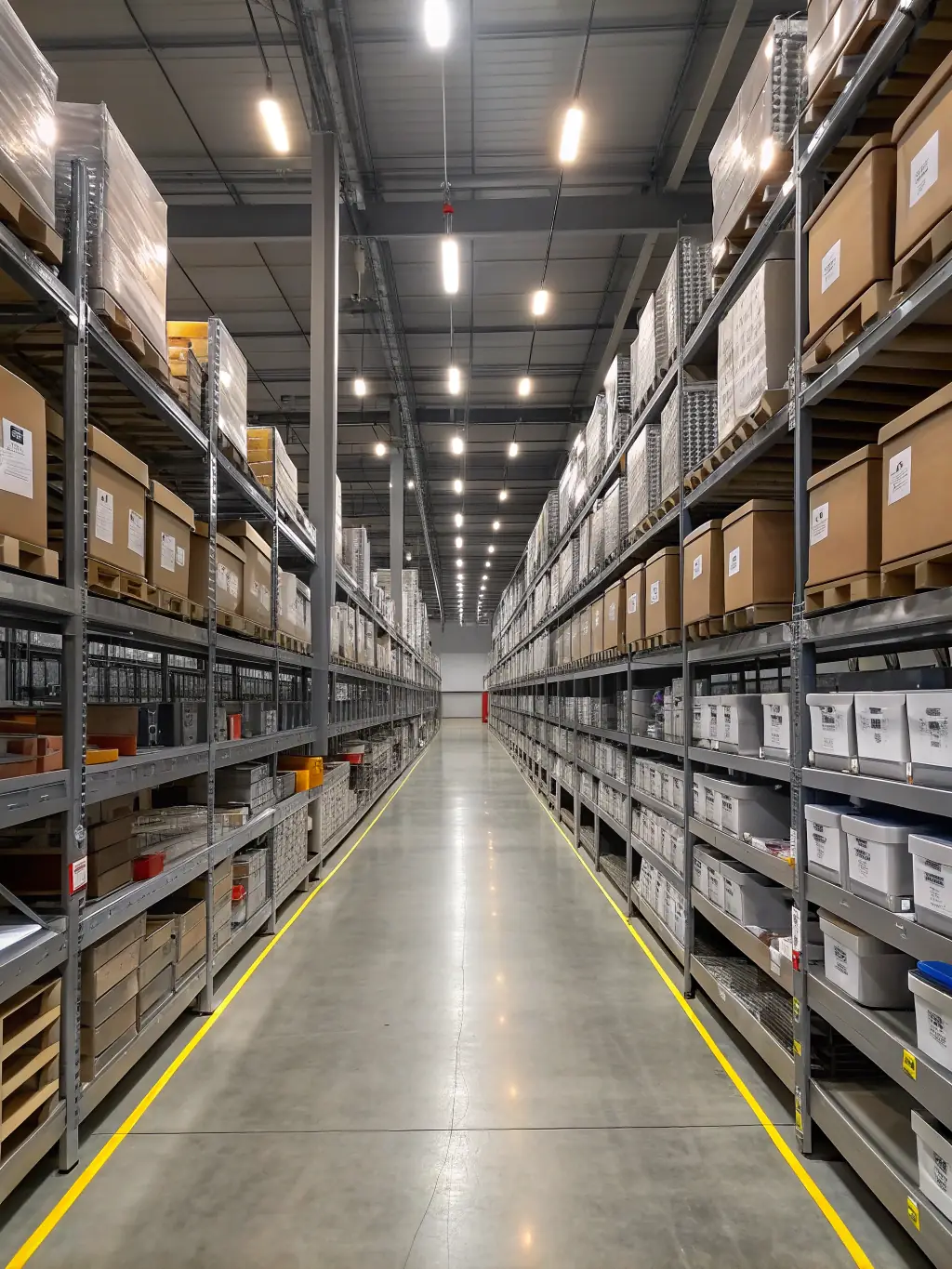 A modern warehouse filled with neatly organized inventory, showcasing efficient inventory management and financing.